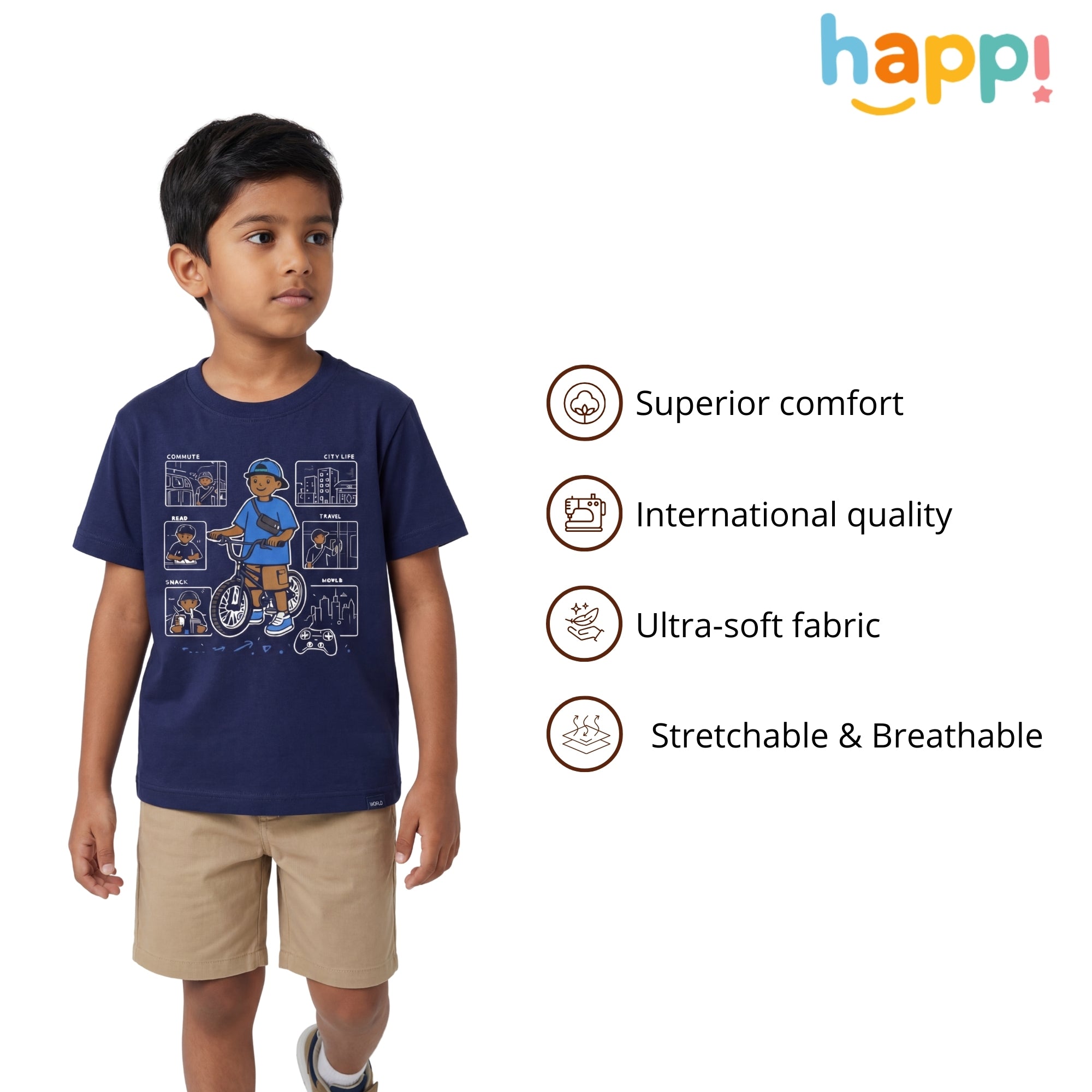 Happi wear Navy Blue Bicycle Adventure Graphic T-Shirt – Cotton Casual Wear for Kids