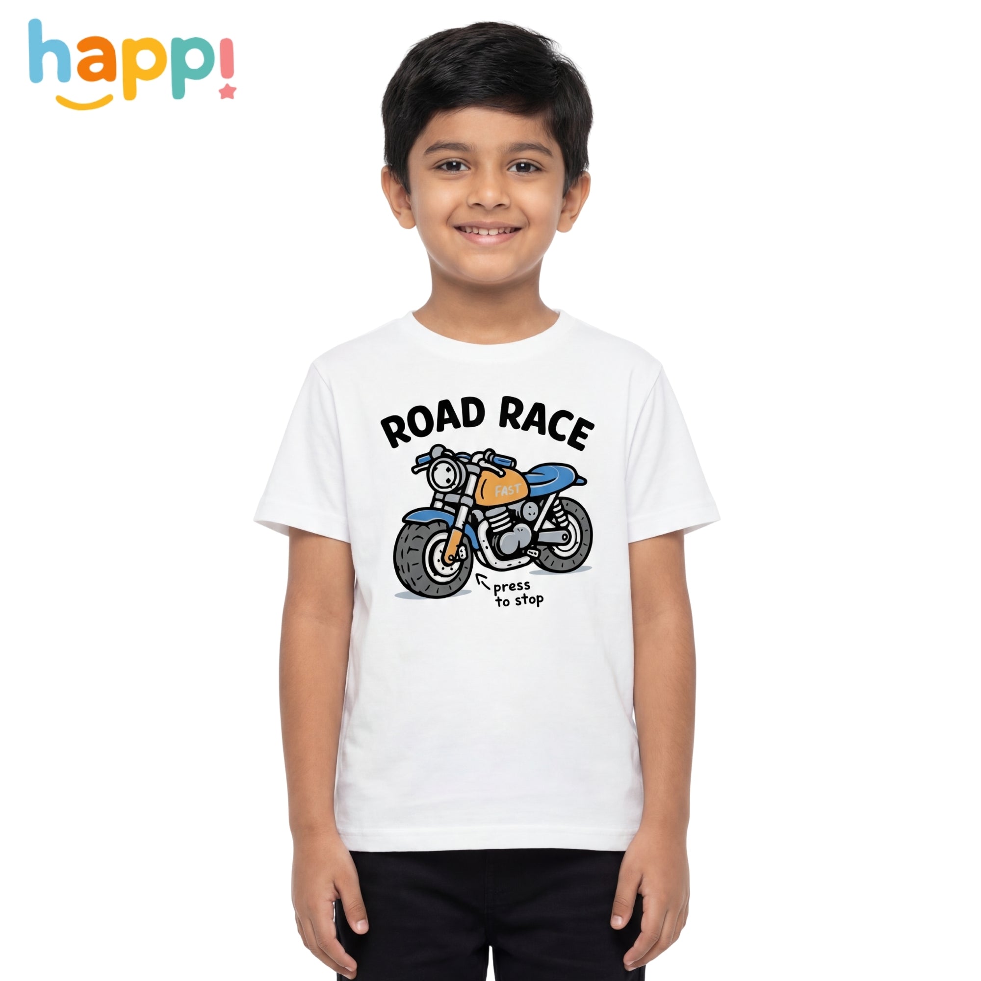 Happi wear White “Road Race” Motorcycle Graphic T-Shirt – Soft Cotton Casual Tee for Kids