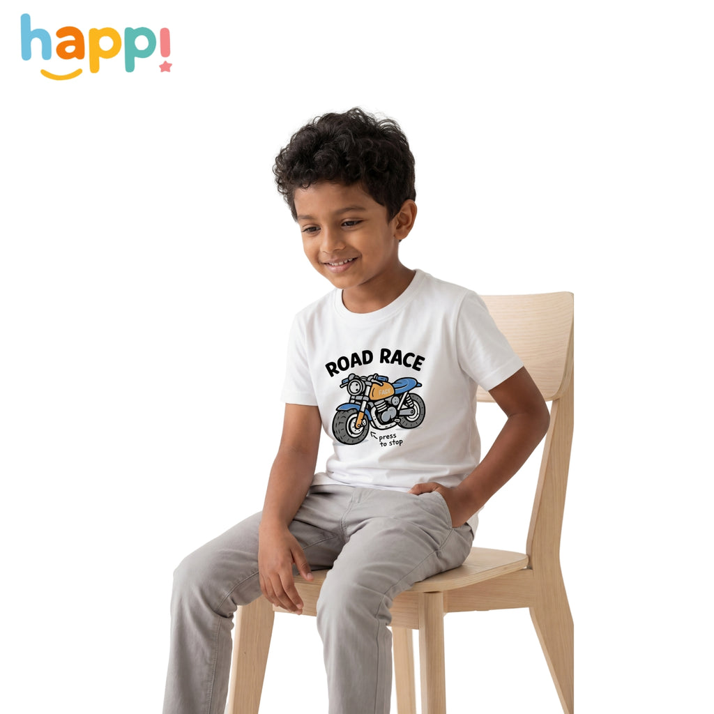 Happi wear White “Road Race” Motorcycle Graphic T-Shirt – Soft Cotton Casual Tee for Kids