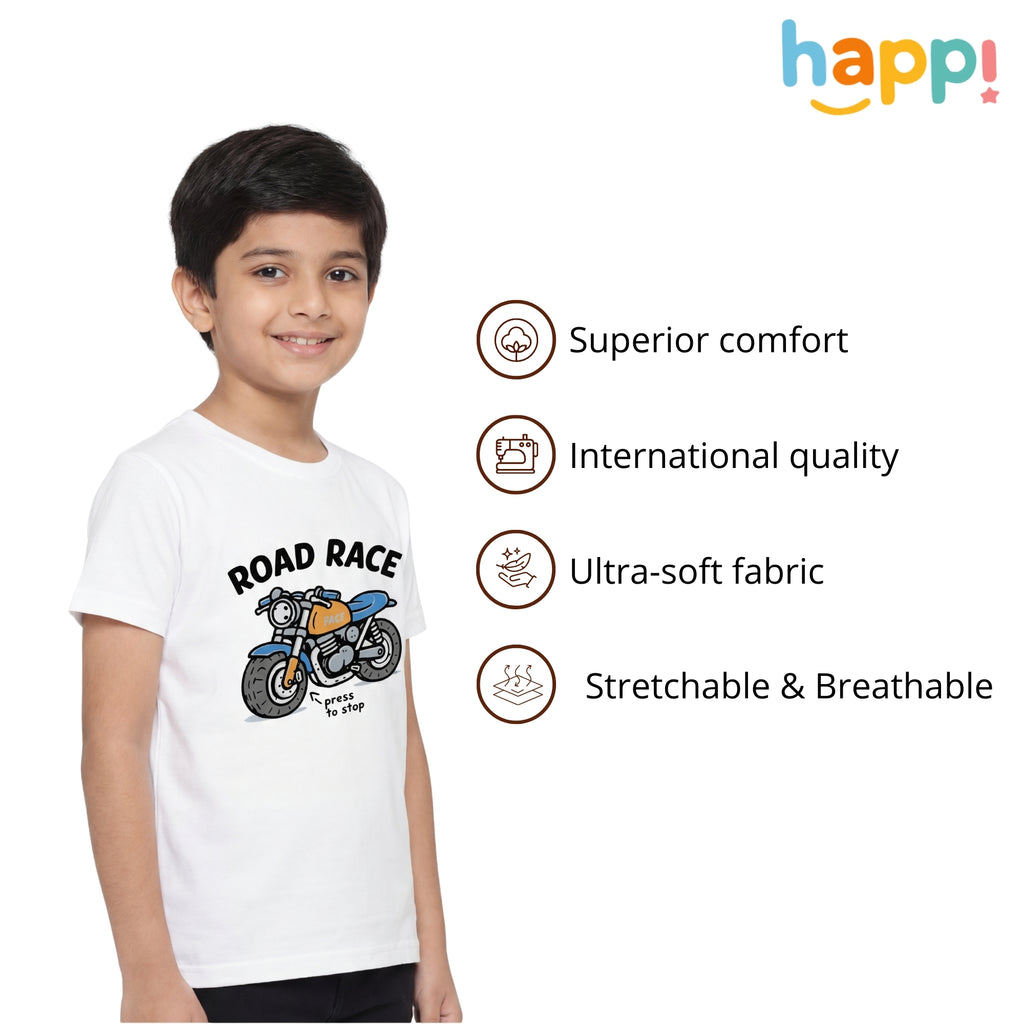 Happi wear White “Road Race” Motorcycle Graphic T-Shirt – Soft Cotton Casual Tee for Kids