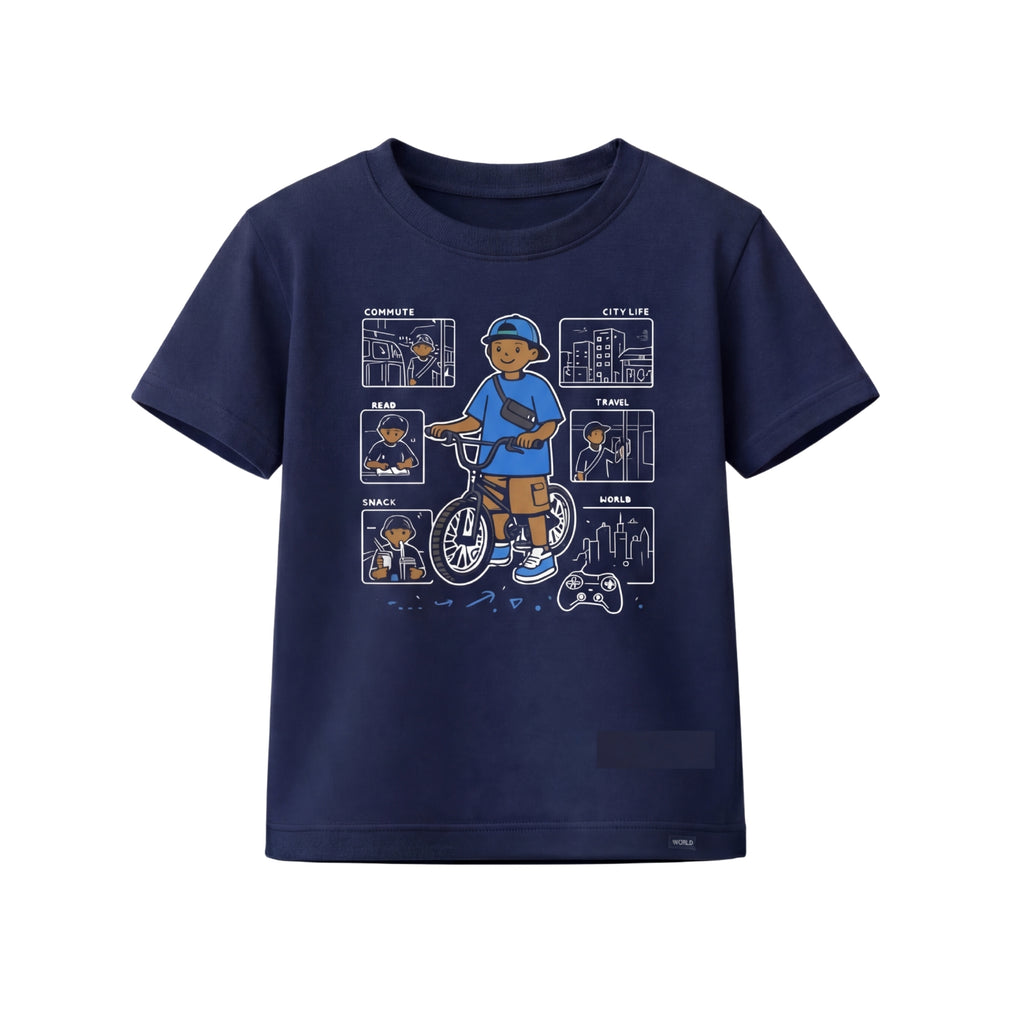 Happi wear Navy Blue Bicycle Adventure Graphic T-Shirt – Cotton Casual Wear for Kids
