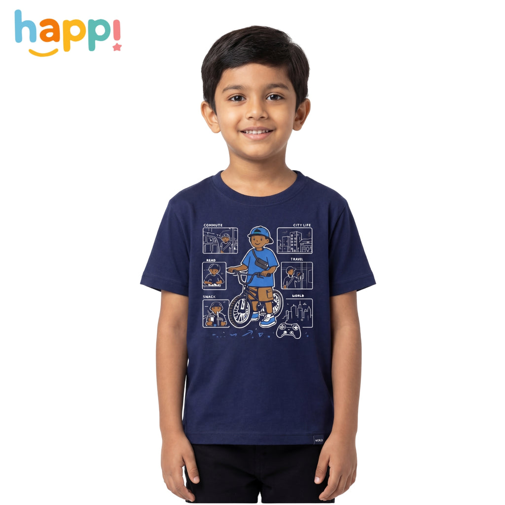 Happi wear Navy Blue Bicycle Adventure Graphic T-Shirt – Cotton Casual Wear for Kids