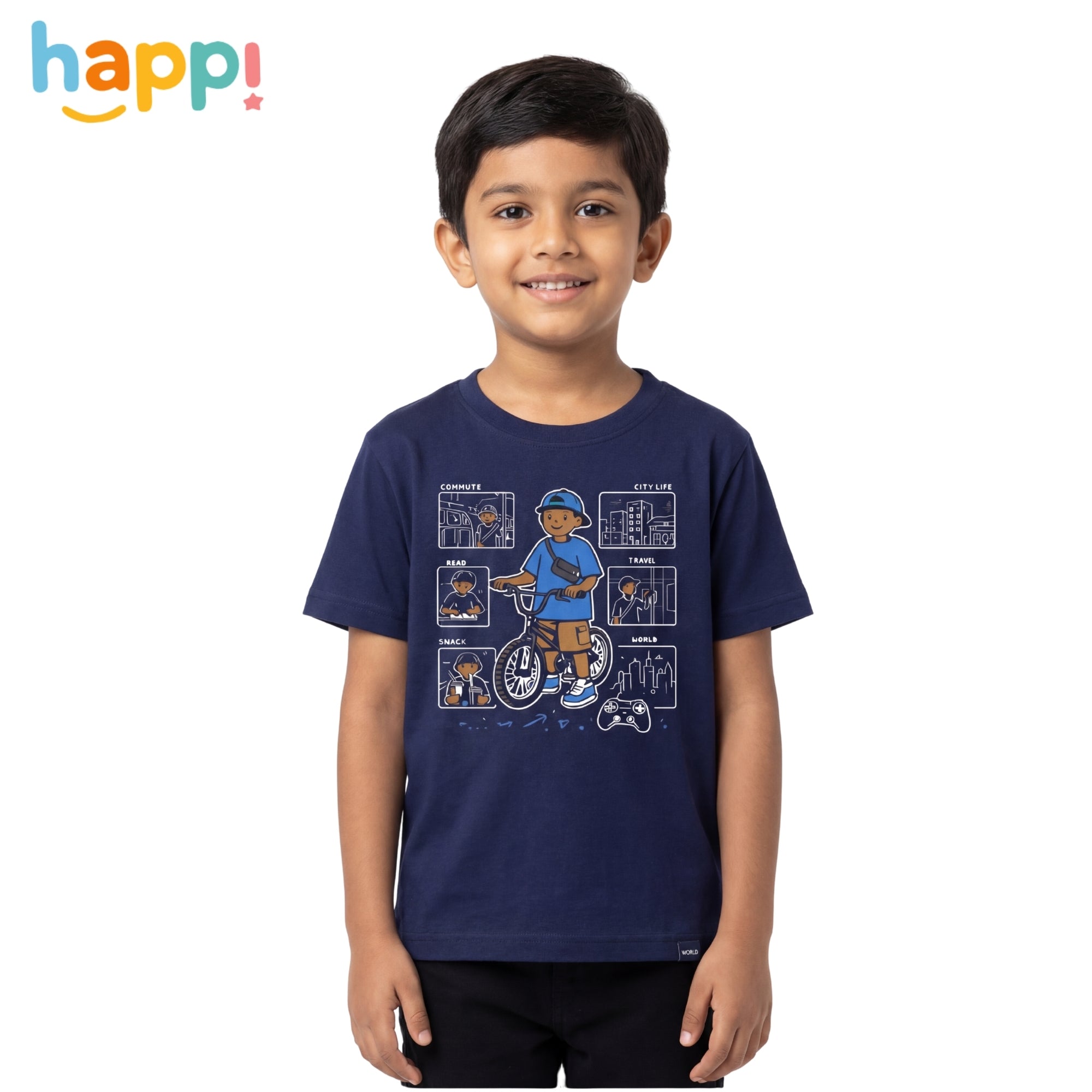 Happi wear Navy Blue Bicycle Adventure Graphic T-Shirt – Cotton Casual Wear for Kids