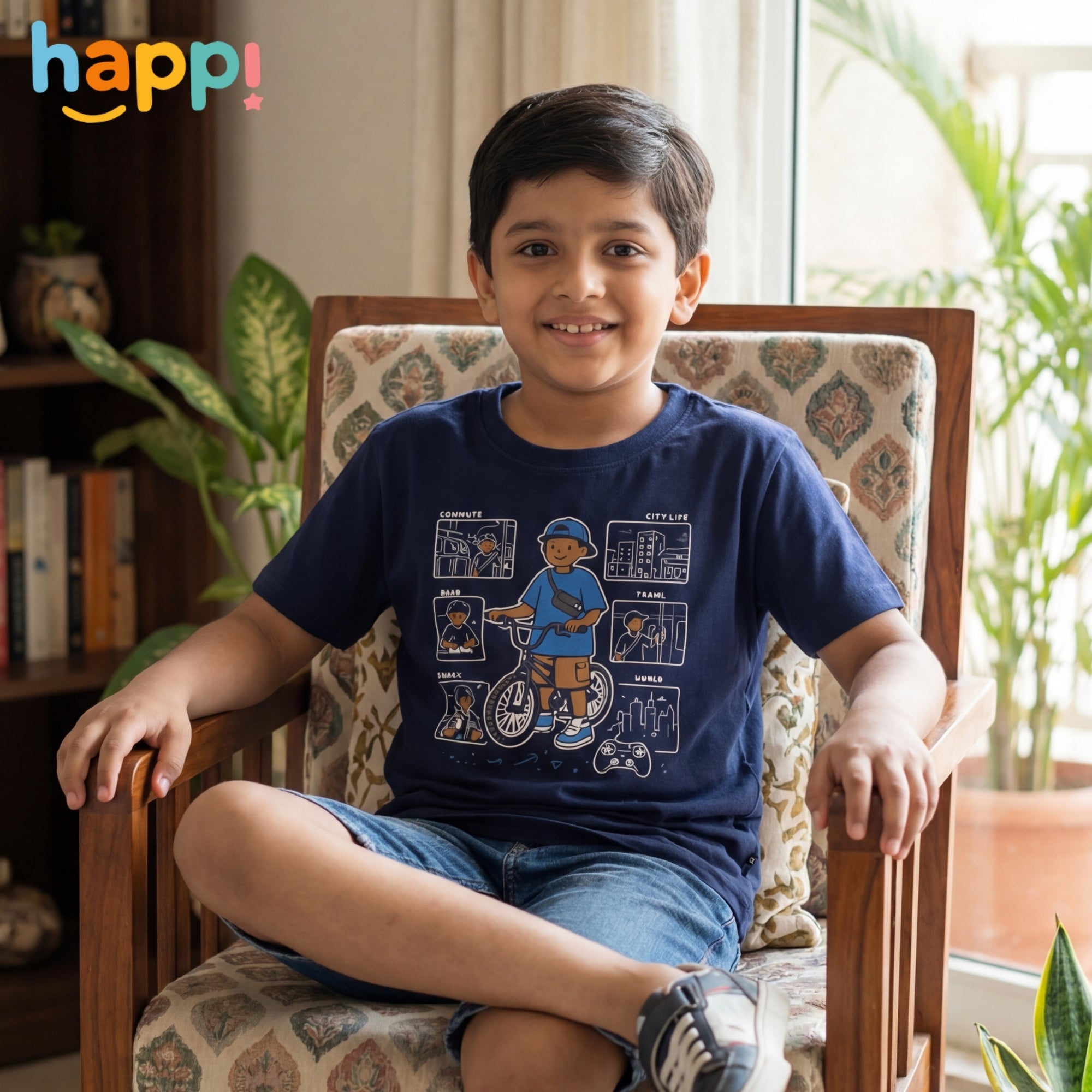 Happi wear Navy Blue Bicycle Adventure Graphic T-Shirt – Cotton Casual Wear for Kids